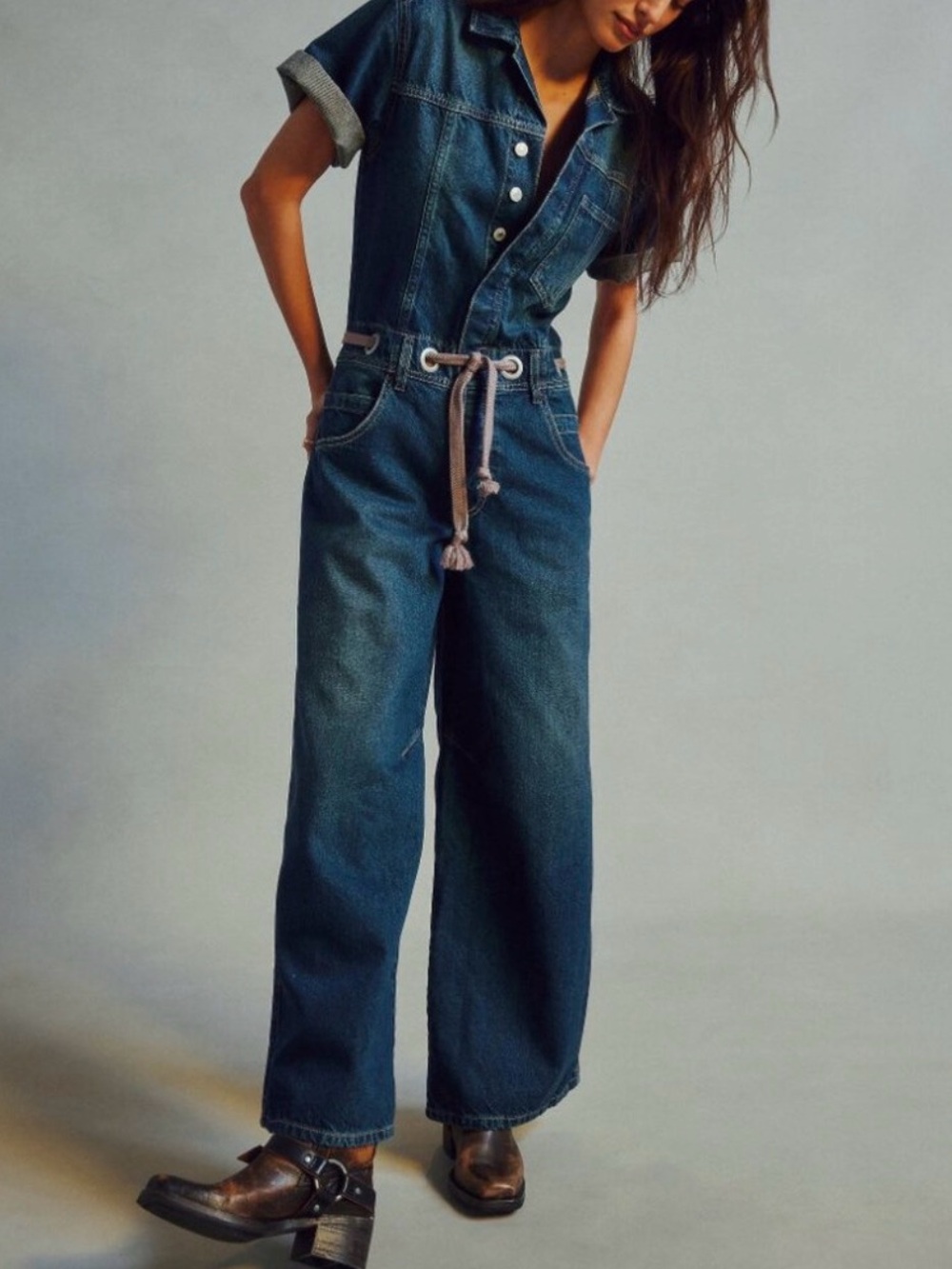 We The Free Dark Blue Denim Wide-Leg Jumpsuit with Rope Belt